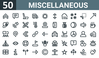 set of 50 outline web miscellaneous icons such as up chevron, chat, ice hockey, truck, sun, double arrow, co vector thin icons for report, presentation, diagram, web design, mobile app.