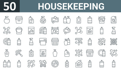 set of 50 outline web housekeeping icons such as perfume, laundry, softener, spray, bathtub, bottles, cleaner vector thin icons for report, presentation, diagram, web design, mobile app.