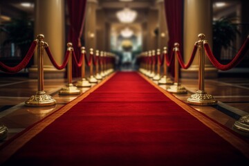 Red carpet with red rope barrier in luxury hotel lobby. 3D Rendering. Generative AI.