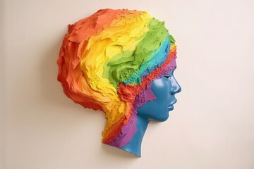 Mannequin head with rainbow colored hair on white wall background. Generative AI.