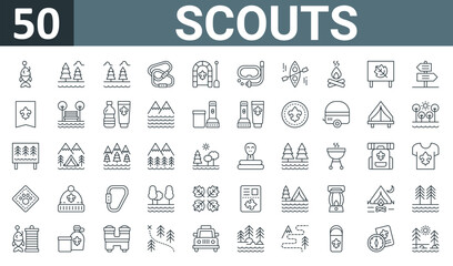 Fototapeta na wymiar set of 50 outline web scouts icons such as fishhook, outdoors, forest, carabiner, raft, snorkel, kayak vector thin icons for report, presentation, diagram, web design, mobile app.