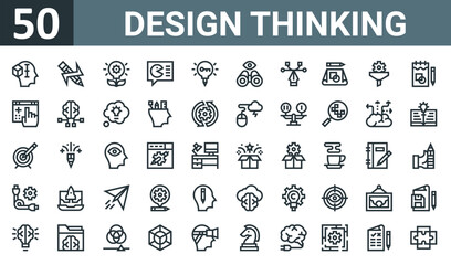 set of 50 outline web design thinking icons such as imagination, innovation, process, feedback, key, observation, vector thin icons for report, presentation, diagram, web design, mobile app.