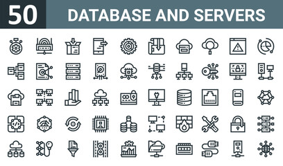 set of 50 outline web database and servers icons such as fast processing, hotspot, data storage, mobile, data, network, sync vector thin icons for report, presentation, diagram, web design, mobile