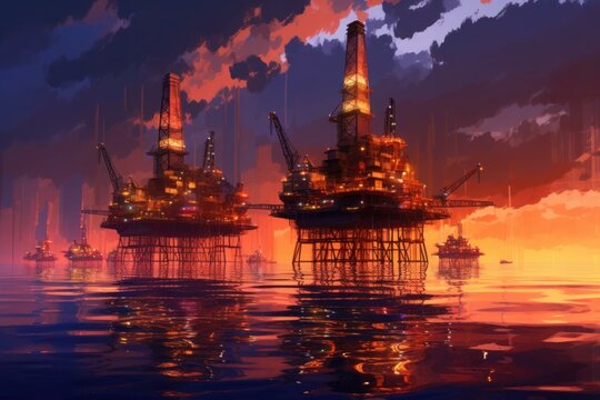 Oil and gas platform in the sea, 3d render illustration. Generative AI.