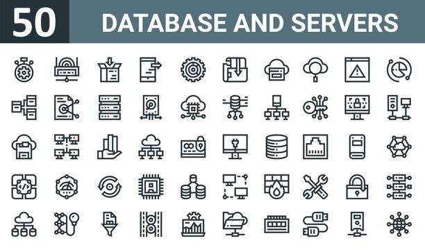 set of 50 outline web database and servers icons such as fast processing, hotspot, data storage, mobile, data, network, sync vector thin icons for report, presentation, diagram, web design, mobile