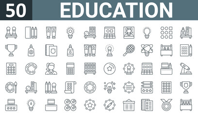 set of 50 outline web education icons such as chess, pencil case, paint tube, idea, bookshelf, laptop, picture vector thin icons for report, presentation, diagram, web design, mobile app.
