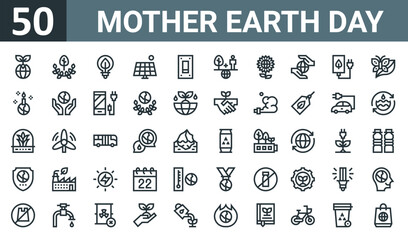 Fototapeta na wymiar set of 50 outline web mother earth day icons such as earth, tree, light bulb, solar panel, switch, balance, flower vector thin icons for report, presentation, diagram, web design, mobile app.