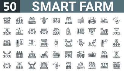 set of 50 outline web smart farm icons such as milking, farming, drone, smart farm, research, pest, solar energy vector thin icons for report, presentation, diagram, web design, mobile app.