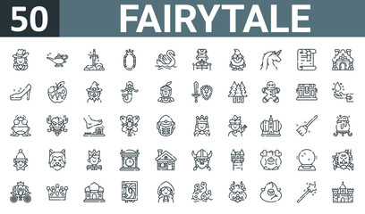 set of 50 outline web fairytale icons such as musketeer, magic lamp, excalibur, magic mirror, swan, nutcracker, gnome vector thin icons for report, presentation, diagram, web design, mobile app.