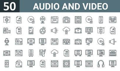 Fototapeta na wymiar set of 50 outline web audio and video icons such as countdown, mp, cd, webcam, movie, radio, picture vector thin icons for report, presentation, diagram, web design, mobile app.