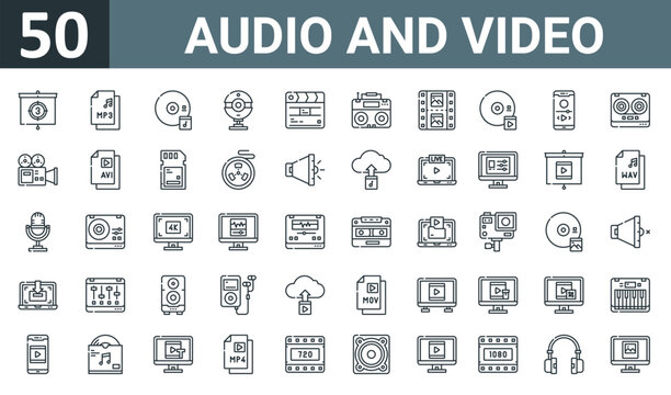 set of 50 outline web audio and video icons such as countdown, mp, cd, webcam, movie, radio, picture vector thin icons for report, presentation, diagram, web design, mobile app.