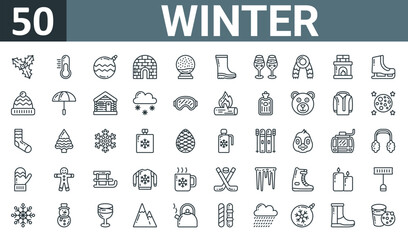 set of 50 outline web winter icons such as mistletoe, thermometer, bauble, igloo, snow globe, rain boots, champagne vector thin icons for report, presentation, diagram, web design, mobile app.