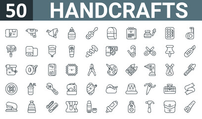 set of 50 outline web handcrafts icons such as shipping box, caulk, origami, glue, screwdriver, eraser, notebook vector thin icons for report, presentation, diagram, web design, mobile app.