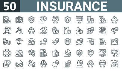 Fototapeta na wymiar set of 50 outline web insurance icons such as home insurance, travel insurance, life money bag, travel vector thin icons for report, presentation, diagram, web design, mobile app.