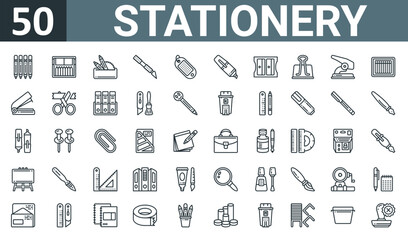 set of 50 outline web stationery icons such as pencil, post it, pencil case, cutter, key ring, highlight, sharpener vector thin icons for report, presentation, diagram, web design, mobile app.