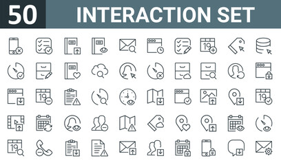 set of 50 outline web interaction set icons such as smartphone, list, notebook, notebook, mail, browser, list vector thin icons for report, presentation, diagram, web design, mobile app.