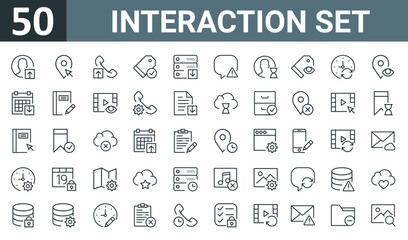 set of 50 outline web interaction set icons such as user, placeholder, phone call, price tag, server, speech bubble, user vector thin icons for report, presentation, diagram, web design, mobile app.