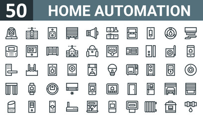 Fototapeta na wymiar set of 50 outline web home automation icons such as cctv, building, socket, garage, megaphone, kitchen, window vector thin icons for report, presentation, diagram, web design, mobile app.