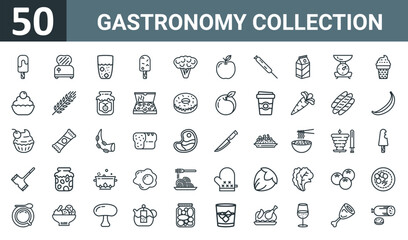 set of 50 outline web gastronomy collection icons such as ice cream, toaster, glass, ice cream, cauliflower, , corndog vector thin icons for report, presentation, diagram, web design, mobile app.