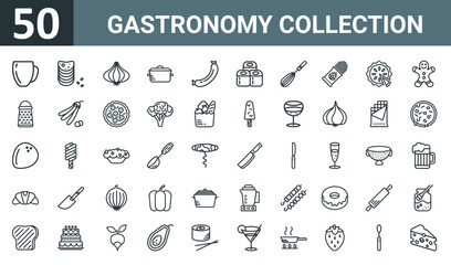 set of 50 outline web gastronomy collection icons such as mug, chips, onion, pot, sausage, sushi, whisk vector thin icons for report, presentation, diagram, web design, mobile app.