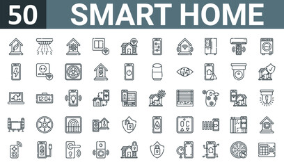 set of 50 outline web smart home icons such as eco house, smoke detector, automation, switch, smart home, tings, wireless vector thin icons for report, presentation, diagram, web design, mobile app.