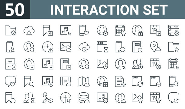 set of 50 outline web interaction set icons such as folder, cloud computing, bookmark, music player, smartphone, user, calendar vector thin icons for report, presentation, diagram, web design,