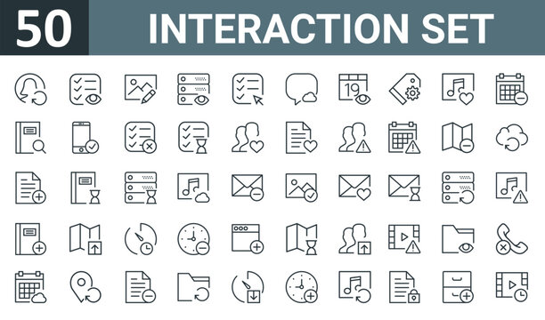 set of 50 outline web interaction set icons such as user, list, image, server, list, speech bubble, calendar vector thin icons for report, presentation, diagram, web design, mobile app.