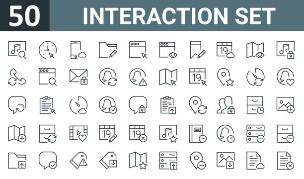 set of 50 outline web interaction set icons such as music player, , smartphone, folder, browser, browser, bookmark vector thin icons for report, presentation, diagram, web design, mobile app.