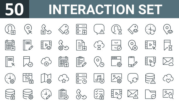 set of 50 outline web interaction set icons such as user, placeholder, phone call, price tag, server, speech bubble, user vector thin icons for report, presentation, diagram, web design, mobile app.