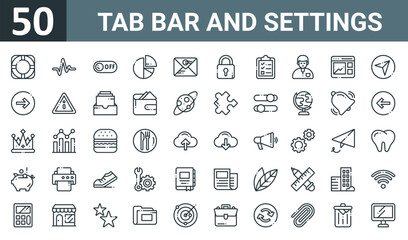 set of 50 outline web tab bar and settings icons such as support, heart rate, off, charts, mail, lock, clipboard vector thin icons for report, presentation, diagram, web design, mobile app.