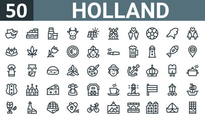 set of 50 outline web holland icons such as clogs, boat, diary product, cow, solar panel, windmill, same sex marriage vector thin icons for report, presentation, diagram, web design, mobile app.