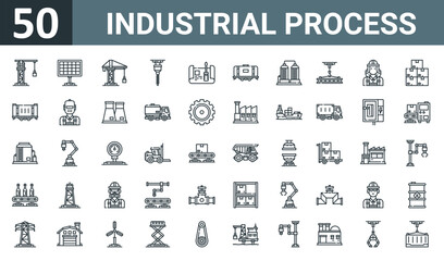 set of 50 outline web industrial process icons such as crane, solar panel, crane, drill, plan, tank, tank vector thin icons for report, presentation, diagram, web design, mobile app.