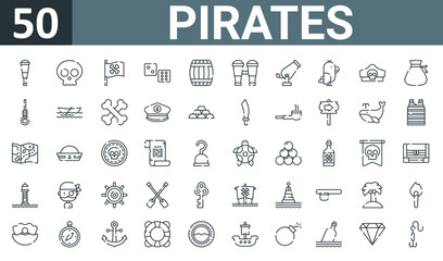 set of 50 outline web pirates icons such as spyglass, skull, pirate flag, dice, barrel, binoculars, cannon vector thin icons for report, presentation, diagram, web design, mobile app.