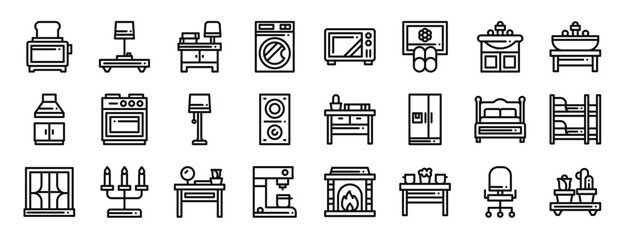 set of 24 outline web home and living icons such as toaster, lamp, nightstand, washing hine, microwave, carpet, sink vector icons for report, presentation, diagram, web design, mobile app