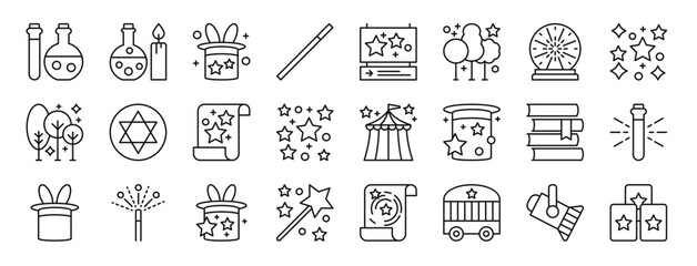 set of 24 outline web magic icons such as flask, potion, magic hat, magic wand, , forest, crystal ball vector icons for report, presentation, diagram, web design, mobile app