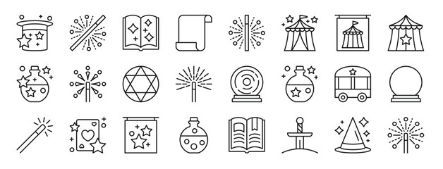 Fototapeta na wymiar set of 24 outline web magic icons such as magic hat, magic wand, spellbook, scroll, wand, tent, tent vector icons for report, presentation, diagram, web design, mobile app