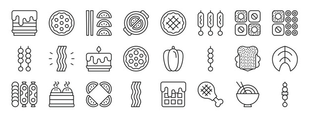 set of 24 outline web food icons such as pancakes, cookie, starter, pot, pie, kebab, sushi vector icons for report, presentation, diagram, web design, mobile app