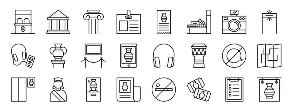 Set Of 24 Outline Web Museum Icons Such As Ticket Office, Museum, Column, Id Card, Invoice, Metal Detector, Photo Camera Vector Icons For Report, Presentation, Diagram, Web Design, Mobile App