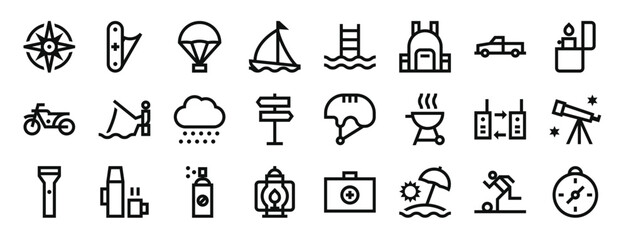 set of 24 outline web outdoor activities icons such as windrose, jackknife, parachute, sailboat, swimming pool, backpack, x vector icons for report, presentation, diagram, web design, mobile app