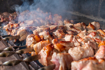 Traditional georgian mtsvadi, grill on the coals with smoke. Shashlik