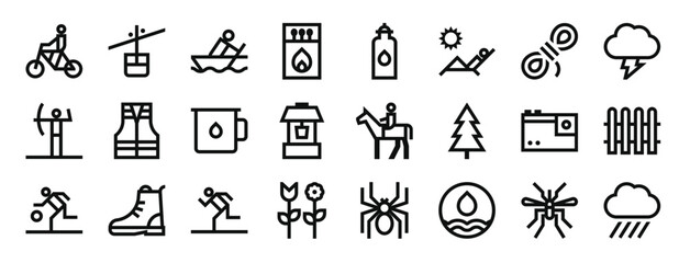 set of 24 outline web outdoor activities icons such as bicycle, cable car cabin, rowing, matches, water, sunbathing, rope vector icons for report, presentation, diagram, web design, mobile app