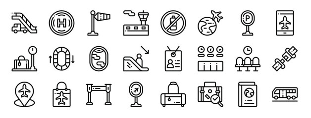 set of 24 outline web airport icons such as aircraft stairs, hel, wind, control tower, plastic bottle, world, vector icons for report, presentation, diagram, web design, mobile app