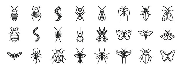 set of 24 outline web insects icons such as madagascar hissing cockroach, beetle, worm, ant, firefly, spider, leaf insect vector icons for report, presentation, diagram, web design, mobile app