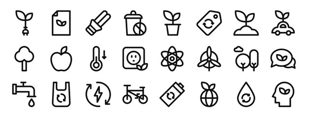 Fototapeta premium set of 24 outline web ecology icons such as plug, paper, light bulb, trash, plant, label, sprout vector icons for report, presentation, diagram, web design, mobile app