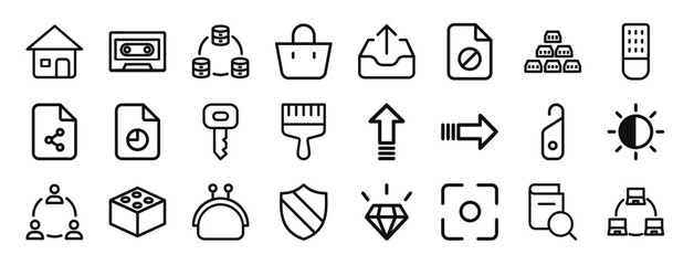 set of 24 outline web miscellaneous icons such as home, caste, server, shopping bags, outbox, file, gold ingot vector icons for report, presentation, diagram, web design, mobile app