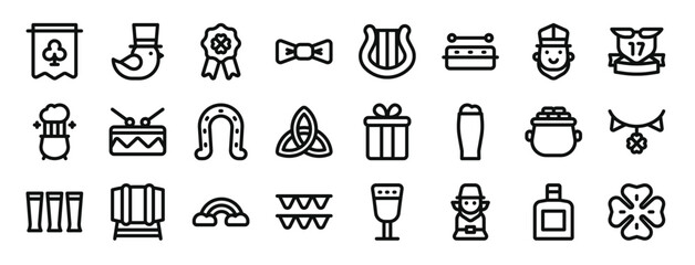set of 24 outline web st patricks icons such as banner, saint patrick, badge, bow tie, harp, bodhrn, saint patrick vector icons for report, presentation, diagram, web design, mobile app