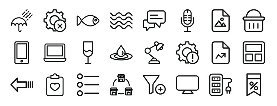 set of 24 outline web miscellaneous icons such as umbrella, tings, fish, water, chat, microphone, image vector icons for report, presentation, diagram, web design, mobile app
