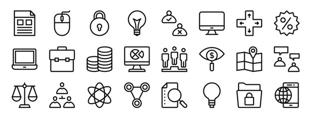 set of 24 outline web business icons such as file, mouse, padlock, light bulb, users, monitor, move vector icons for report, presentation, diagram, web design, mobile app