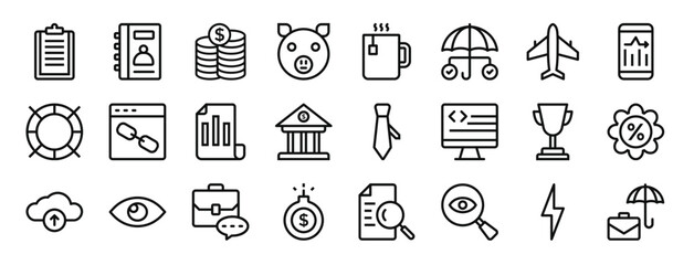 set of 24 outline web business icons such as clipboard, agenda, coins, piggy, tea cup, protection, aeroplane vector icons for report, presentation, diagram, web design, mobile app