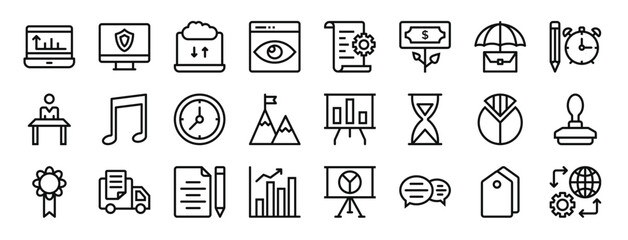 set of 24 outline web business icons such as analytics, security, transfer, view, document, growth, briefcase vector icons for report, presentation, diagram, web design, mobile app